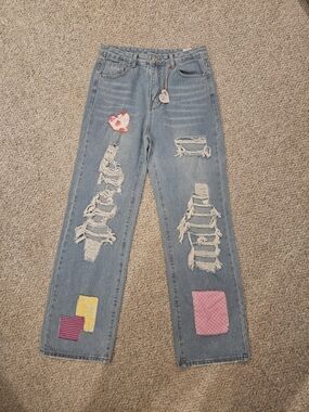 Upcycled Light Blue Distressed Straight-Leg Jeans with Patchwork
